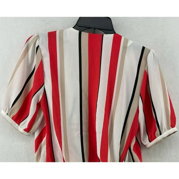 Halogen Wrap Blouse Women's Sz XS Coral Red White Striped Puff Sleeves Sheer - Picture 2 of 9